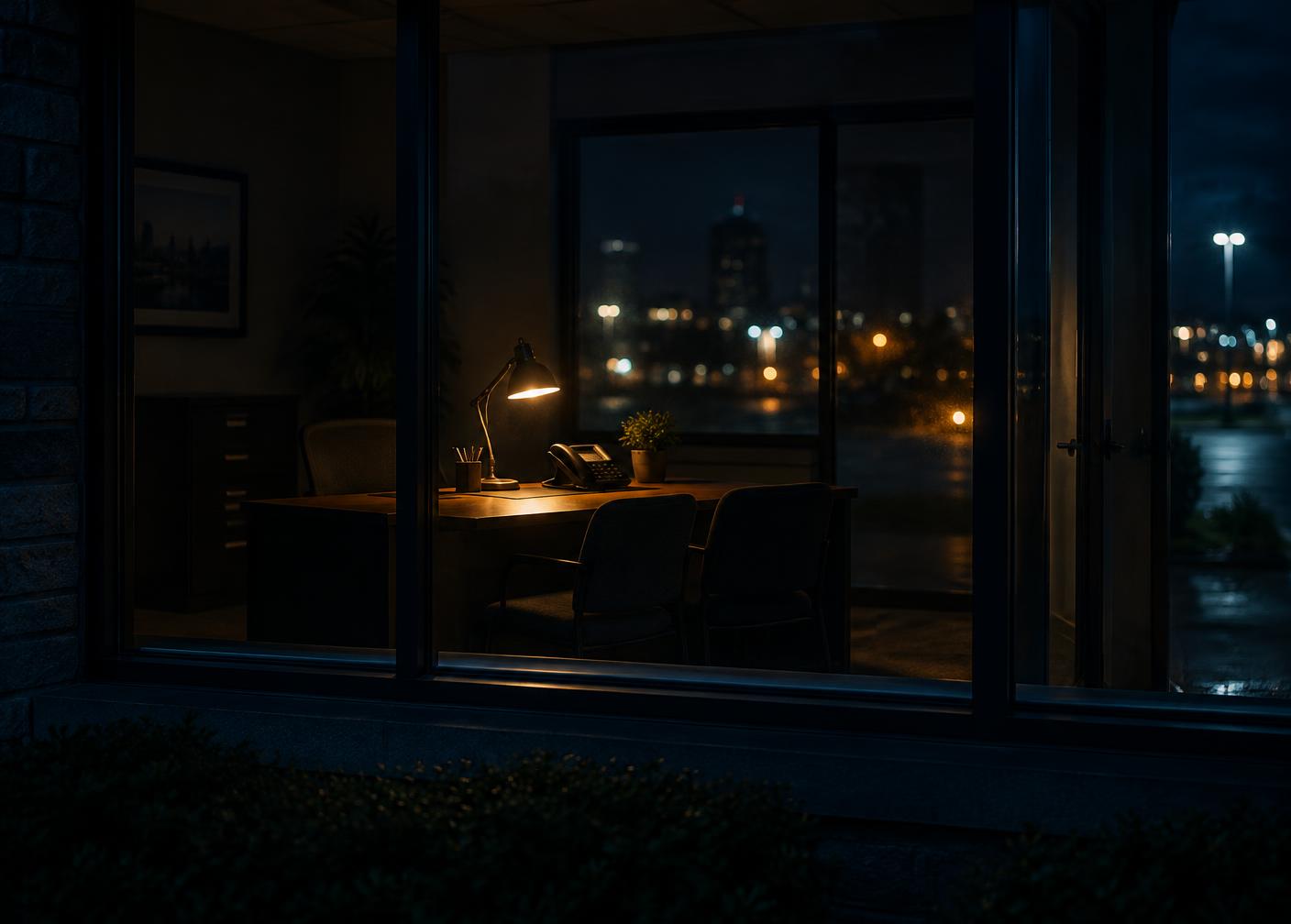 A leasing office at night, empty, with one lamp on